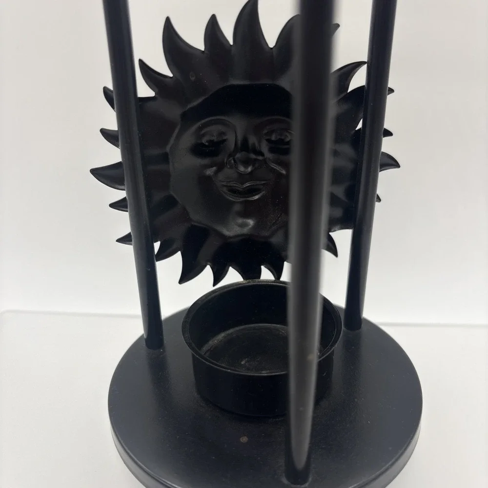 Vintage Celestial Sun Candle Holder & Oil Warmer Metal Bronze Finish Glass Top